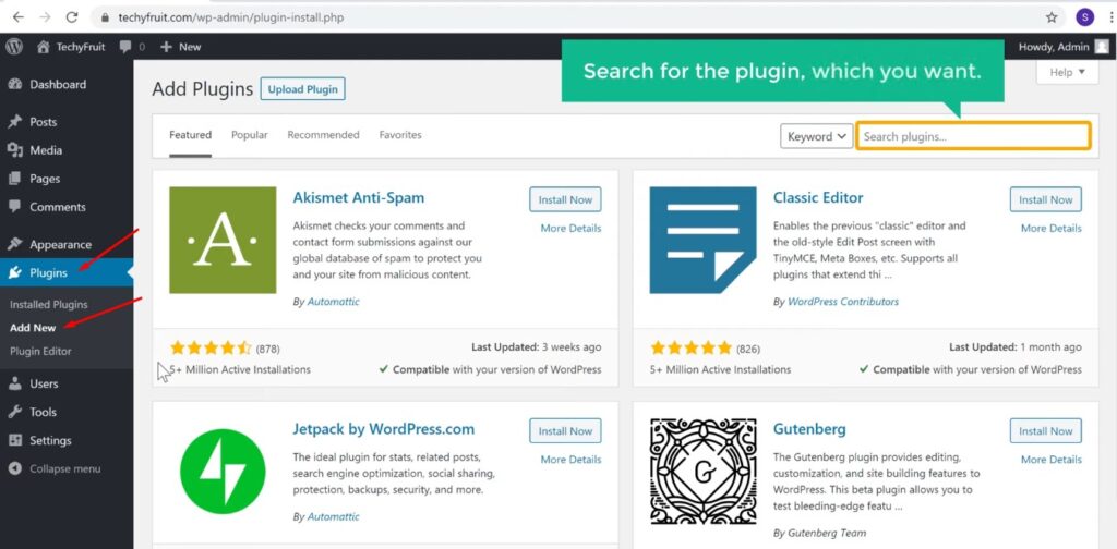 Search Plugin - to install a plugin in WordPress