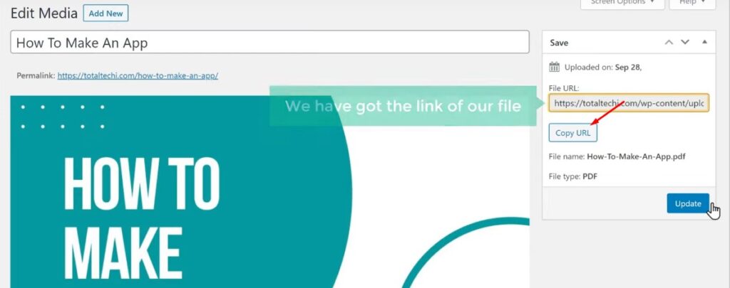 copy file link - downloadable file in WordPress