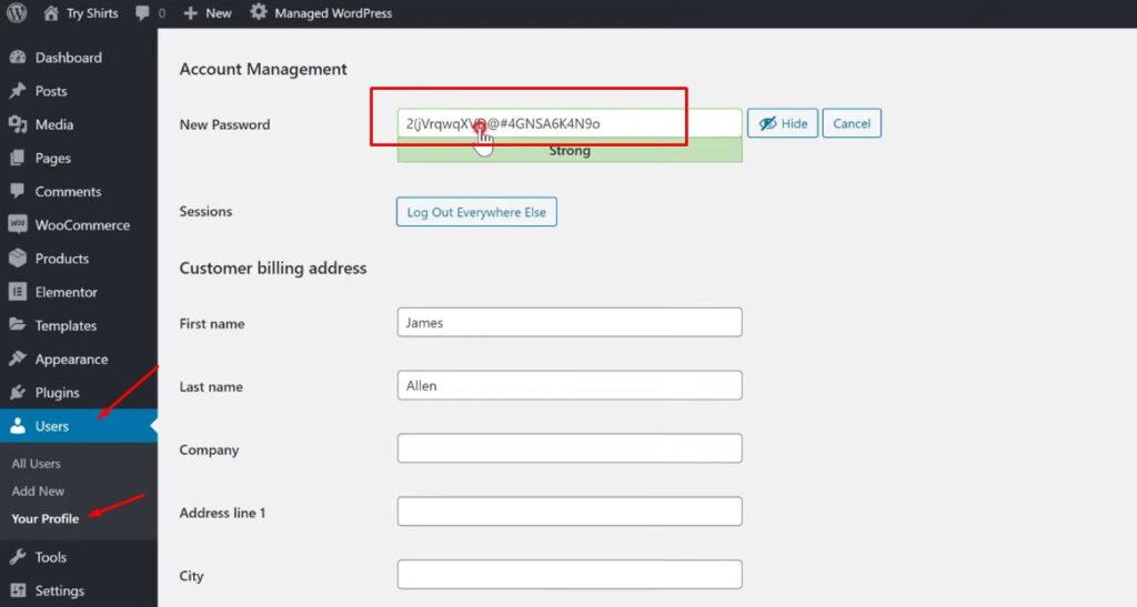 WordPress dashboard users profile