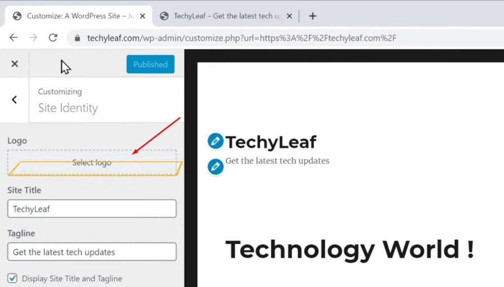Select Logo - to Change Site Title and Tagline in WordPress