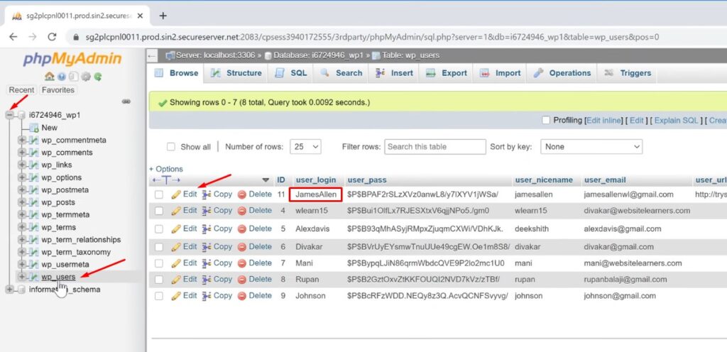 MySql Database - to login or find  WordPress wp-admin dashboard page