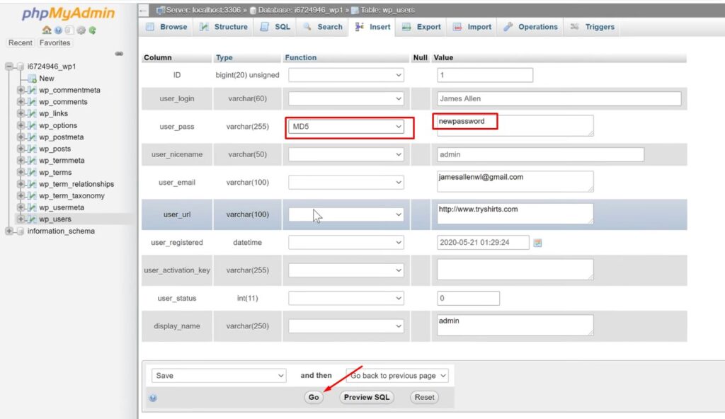 Database Users change password - to login or find  WordPress wp-admin dashboard page