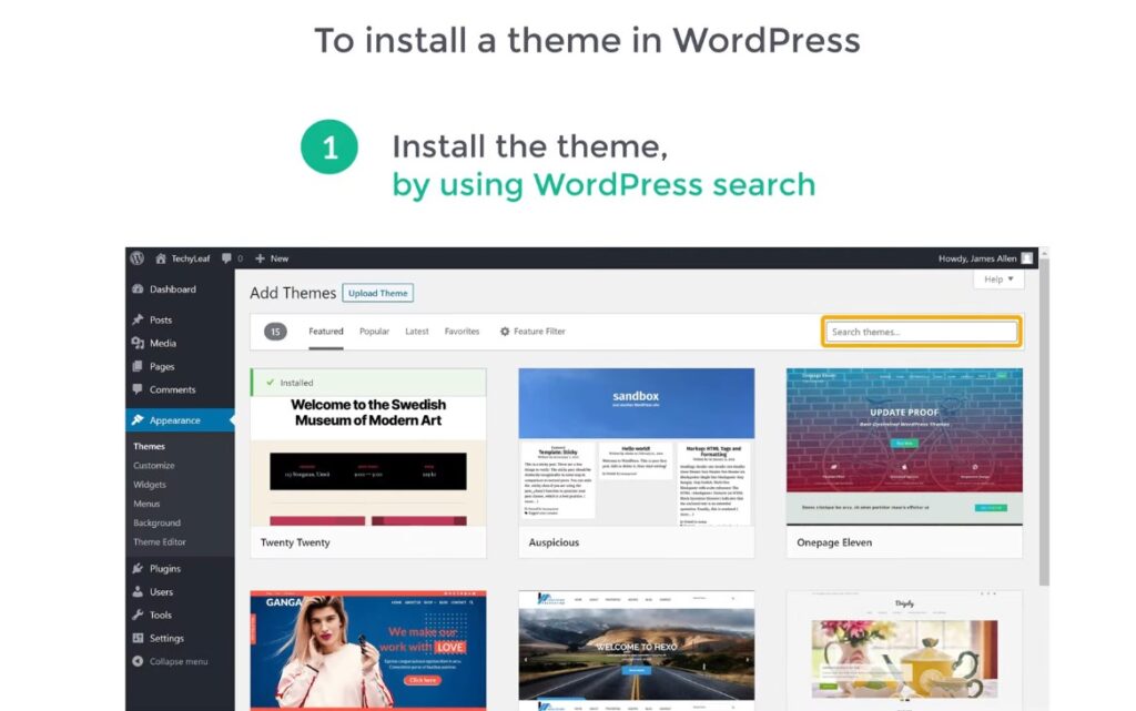 Search Theme - to Install a WordPress Theme