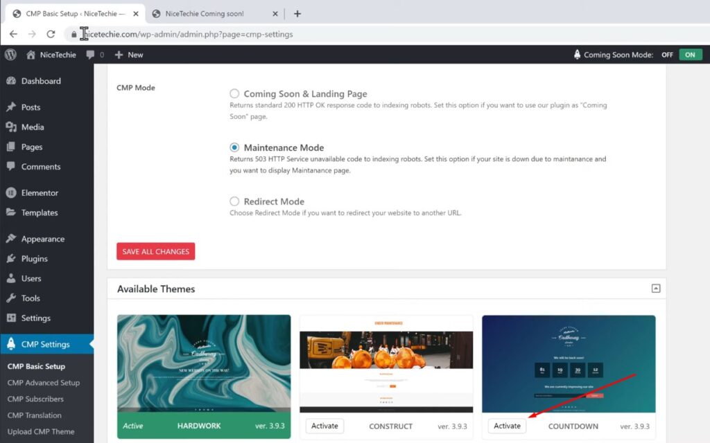 Activate Theme - To Put Your WordPress Site In Maintenance Mode
