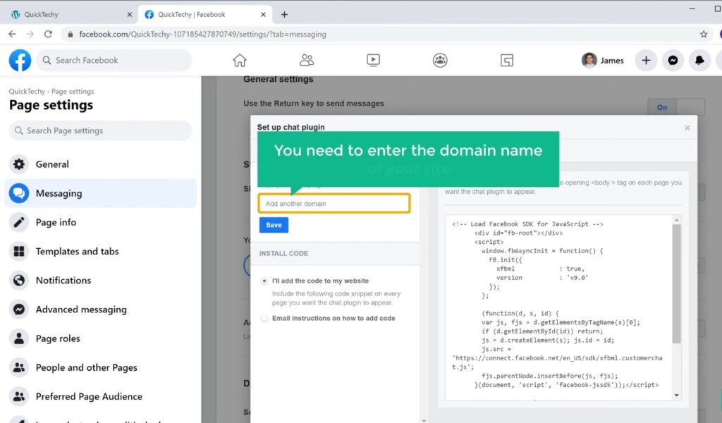 domain name - To Add Facebook Messenger Chat