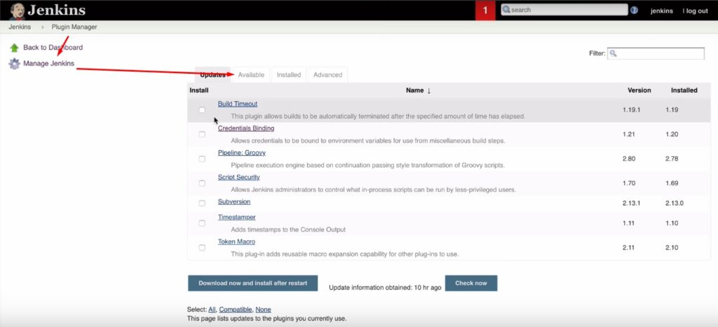 Manage Jenkins and available tools