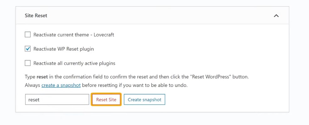 Reset Site - to Reset your WordPress Site