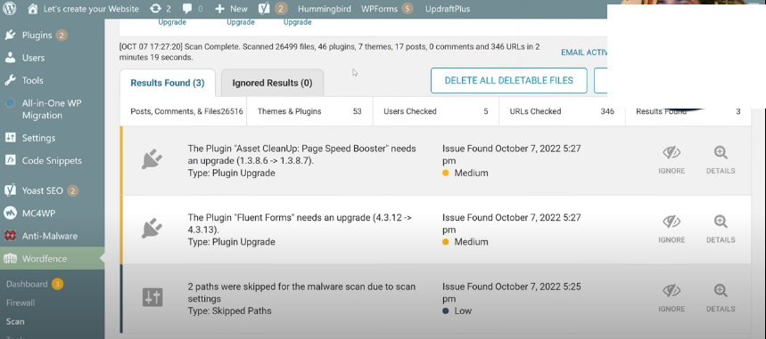 wordfence security malware scan result